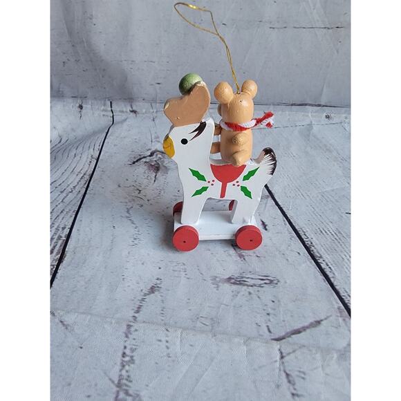 Vtg Wood Christmas Ornament Bear Balloon on Reindeer Toy 4" Decoration - Picture 3 of 4